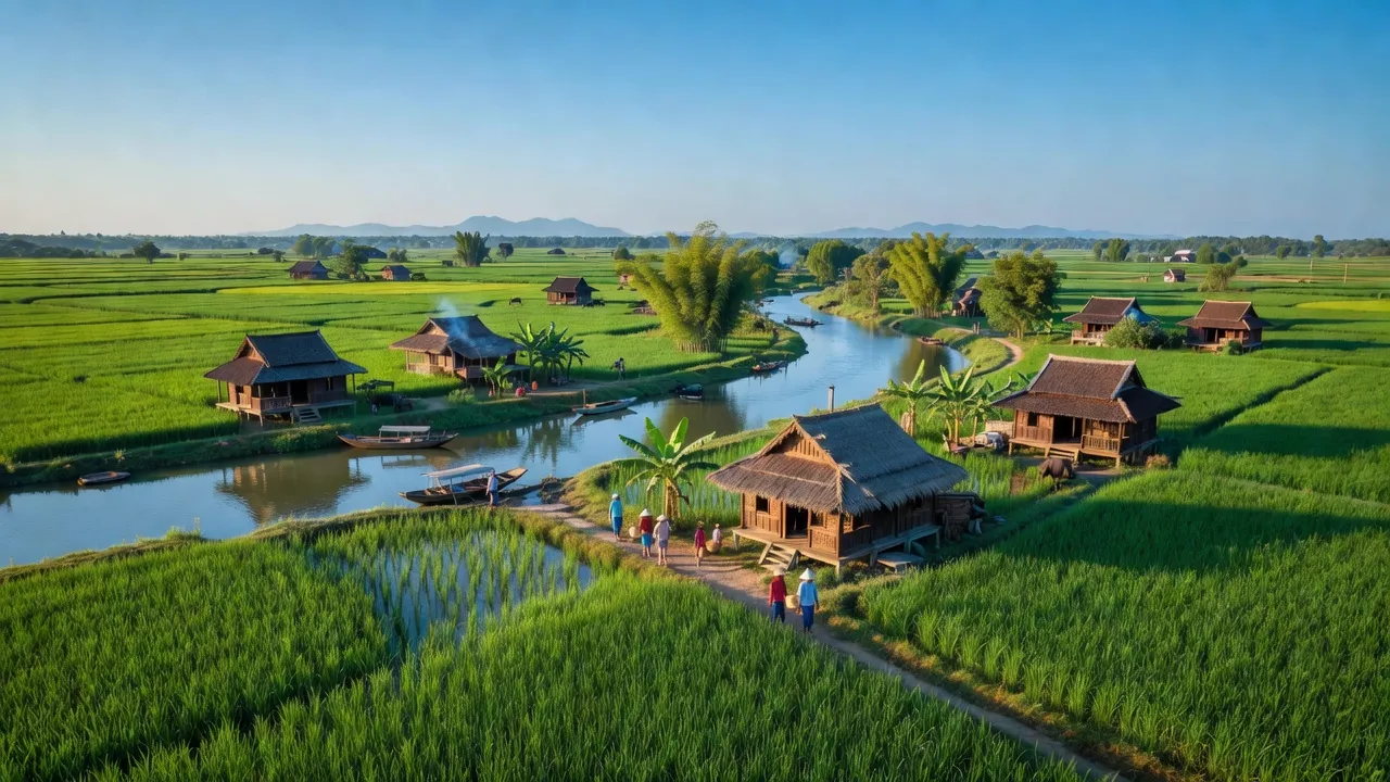 Khung cảnh xanh tươi của xã Hiệp Thạnh, huyện Châu Thành, tỉnh Long An với ruộng lúa và nhà truyền thống.