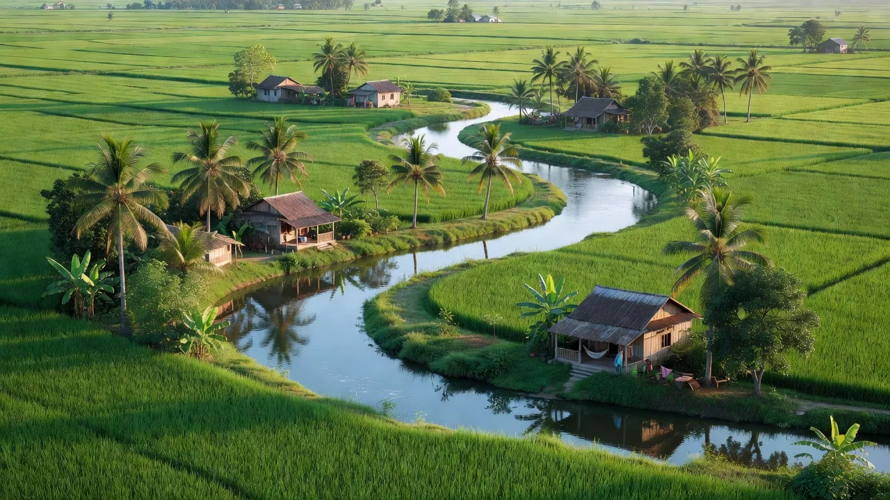 Cánh đồng xanh và dòng sông của xã Hòa Phú, huyện Châu Thành, tỉnh Long An, bầu trời sáng và cây cối.