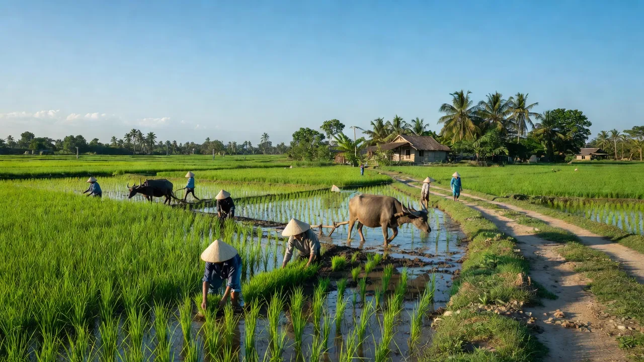 Cảnh đồng quê yên bình tại xã Phước Tân Hưng, huyện Châu Thành, Long An với cánh đồng xanh tươi.