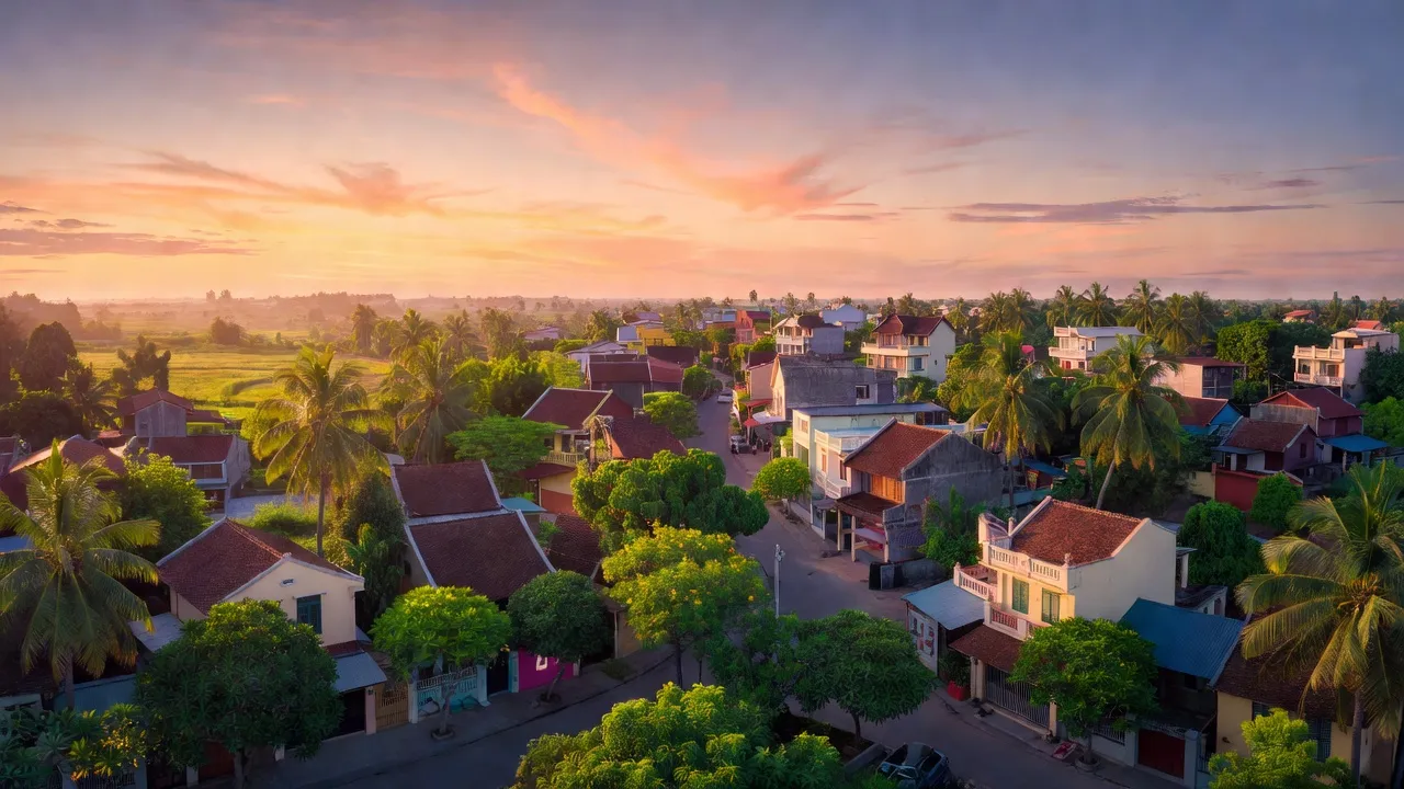 Khung cảnh thị trấn Tầm Vu, huyện Châu Thành, tỉnh Long An với cây xanh và nhà cửa, mô tả cuộc sống địa phương.