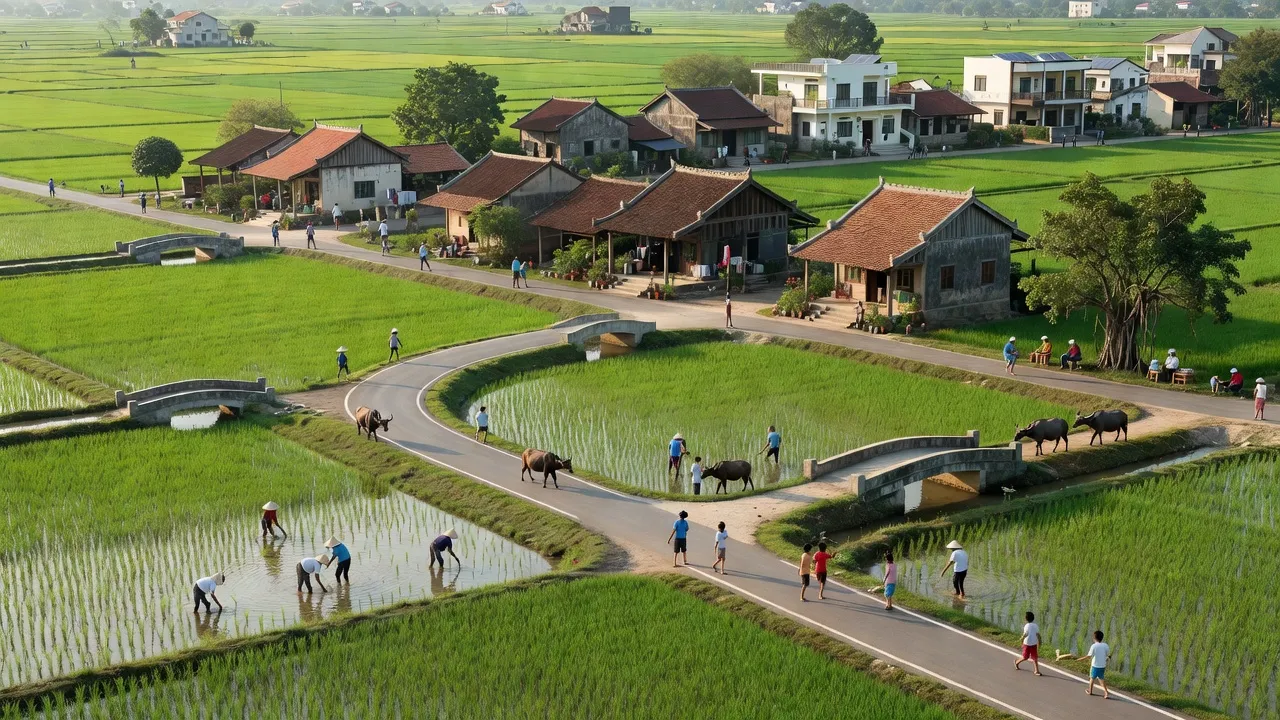 Cảnh quan xã Thanh Phú Long, huyện Châu Thành, tỉnh Long An với cánh đồng xanh và nhà cửa truyền thống.