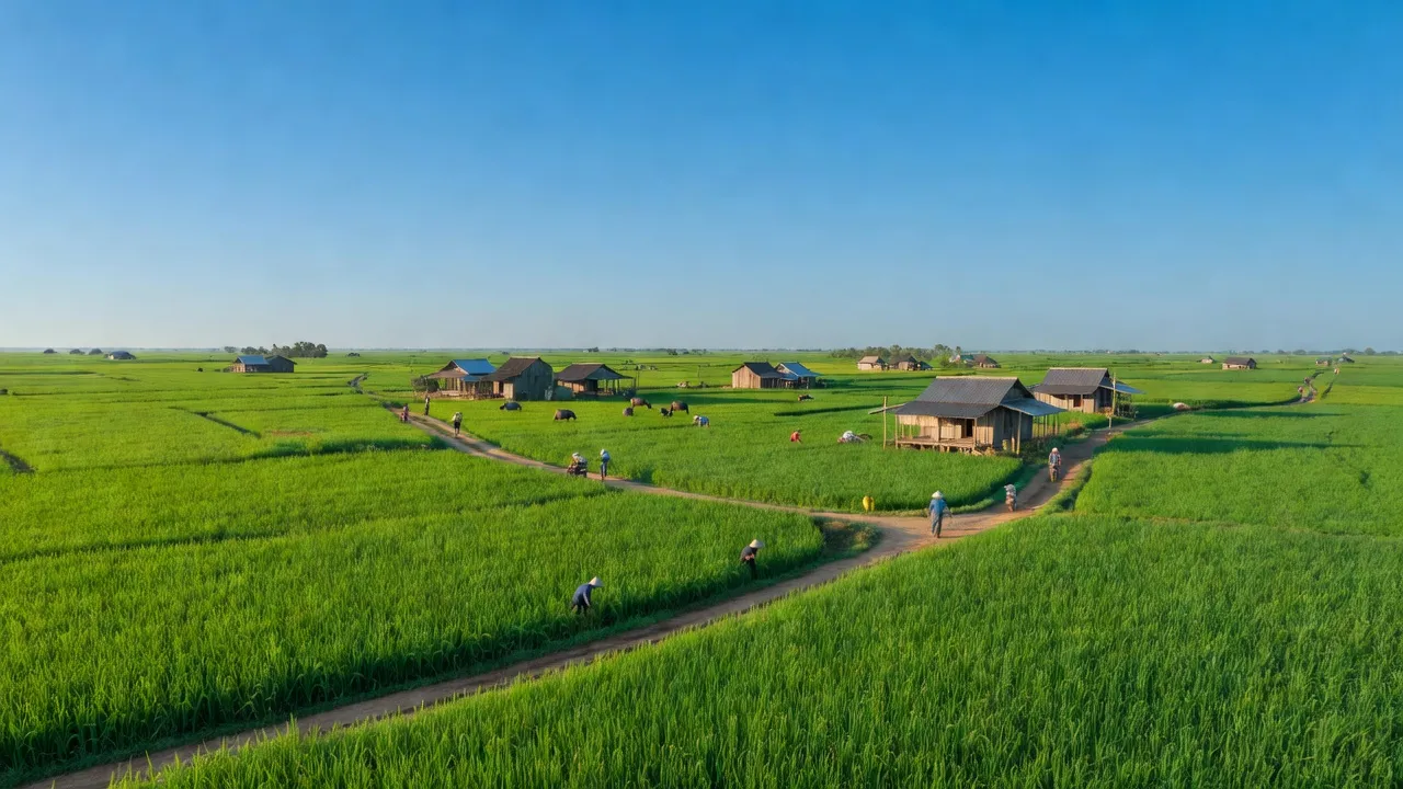 Cảnh quan xã Thuận Mỹ, huyện Châu Thành, Long An, đồng ruộng và bầu trời trong xanh.