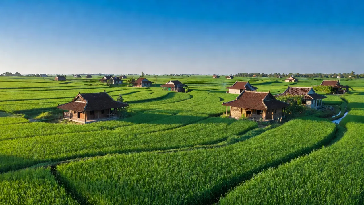 Khung cảnh xanh tươi của xã Vĩnh Công, huyện Châu Thành, Long An với cánh đồng lúa và nhà truyền thống.