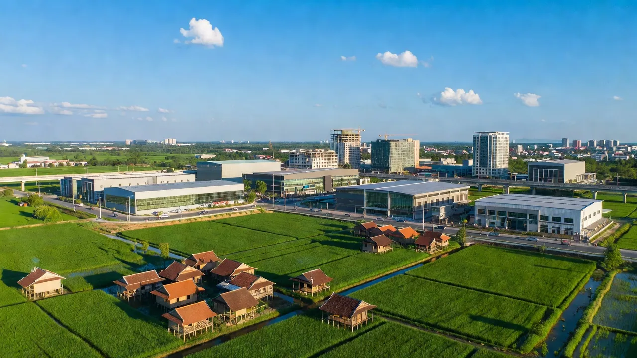 Quang cảnh huyện Đức Hòa, Long An với cảnh đồng xanh và khu vực công nghiệp hiện đại.