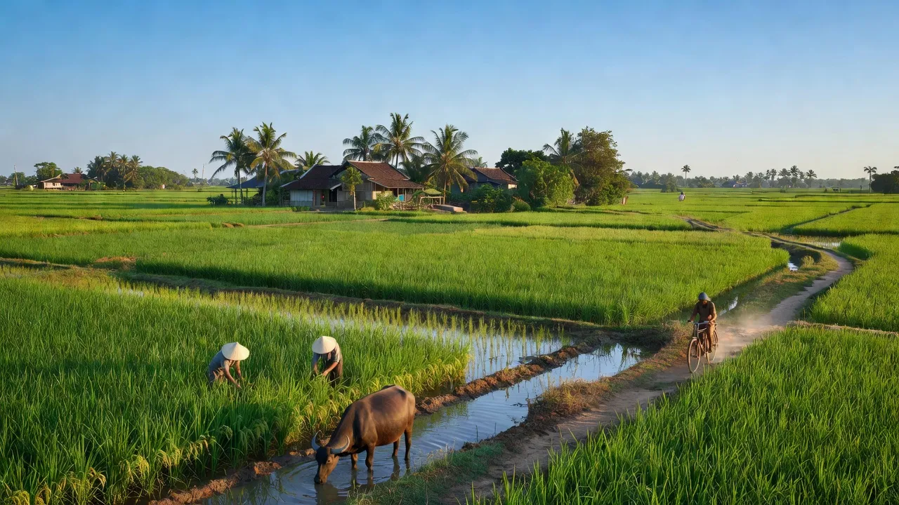 Cảnh quan xanh tươi ở xã An Ninh Đông, huyện Đức Hòa, tỉnh Long An với cánh đồng lúa.