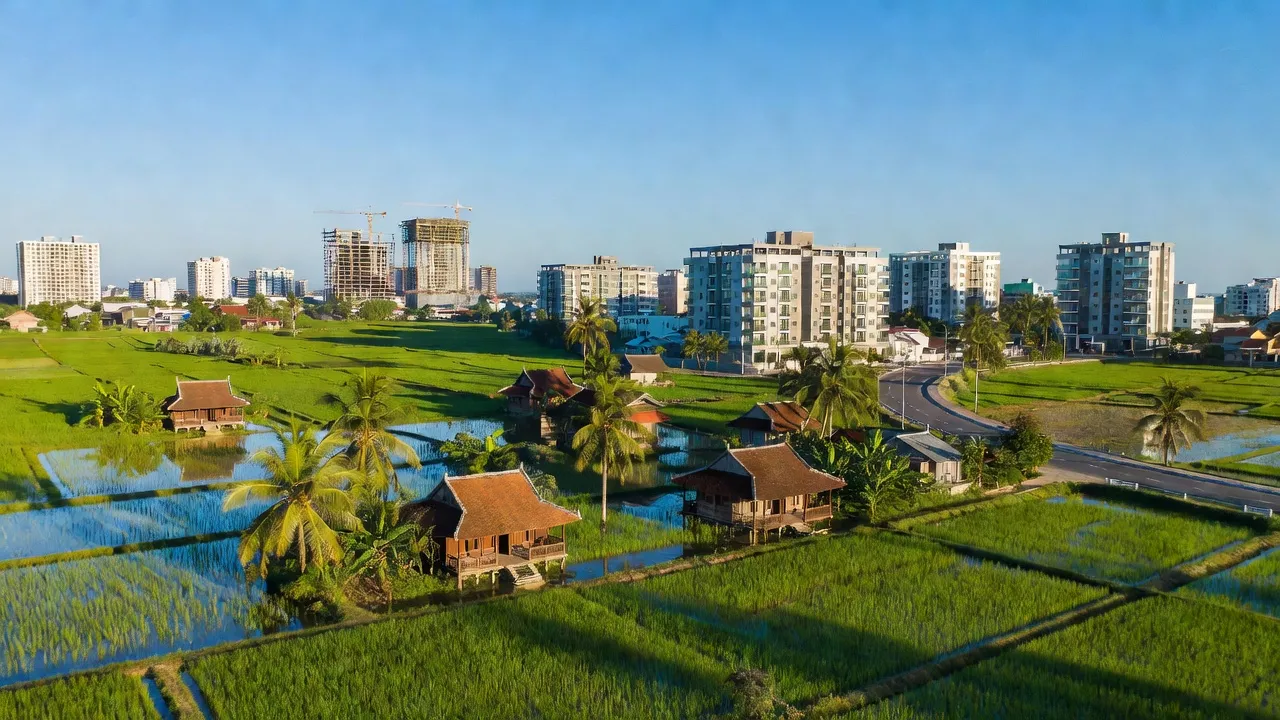 Khung cảnh An Ninh Tây, Đức Hòa, Long An với cánh đồng xanh và sự phát triển đô thị.