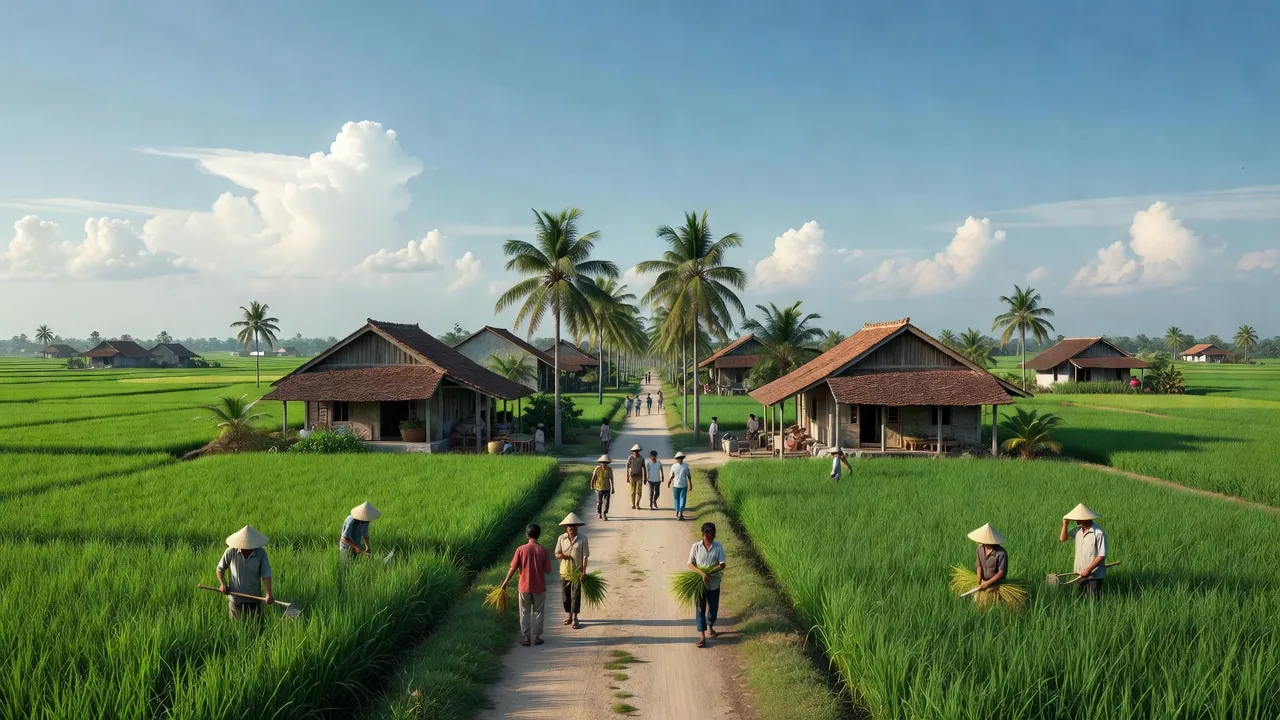 Cảnh quan xanh tươi xã Đức Hòa Đông, huyện Đức Hòa, Long An với nhà truyền thống và người dân lao động.
