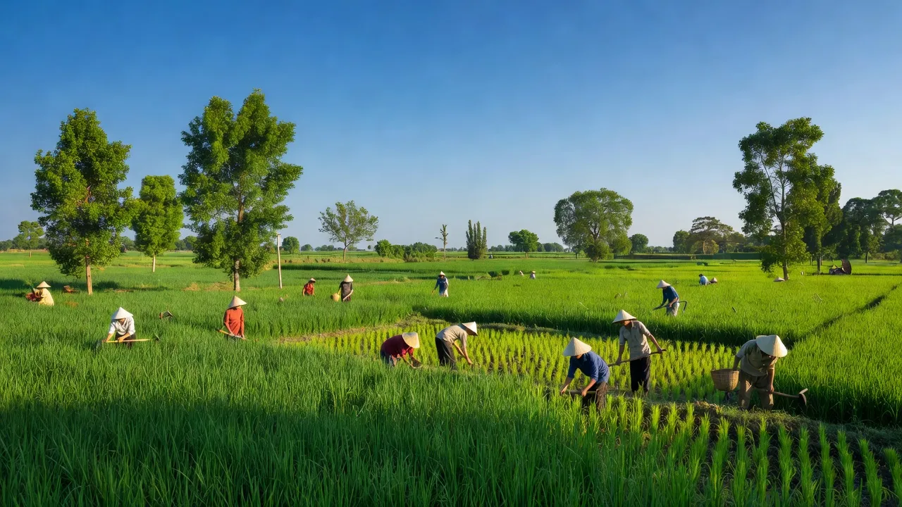 Cảnh quan nông thôn xã Đức Hòa Thượng, huyện Đức Hòa, tỉnh Long An, cây xanh ruộng đồng.
