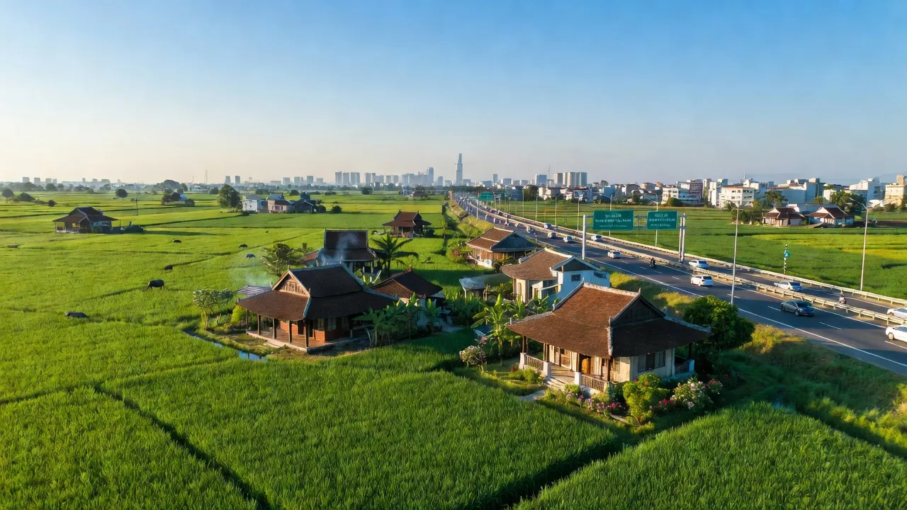 Khung cảnh Xã Đức Hòa Thượng, huyện Đức Hòa, Long An với cánh đồng xanh và nhà truyền thống.