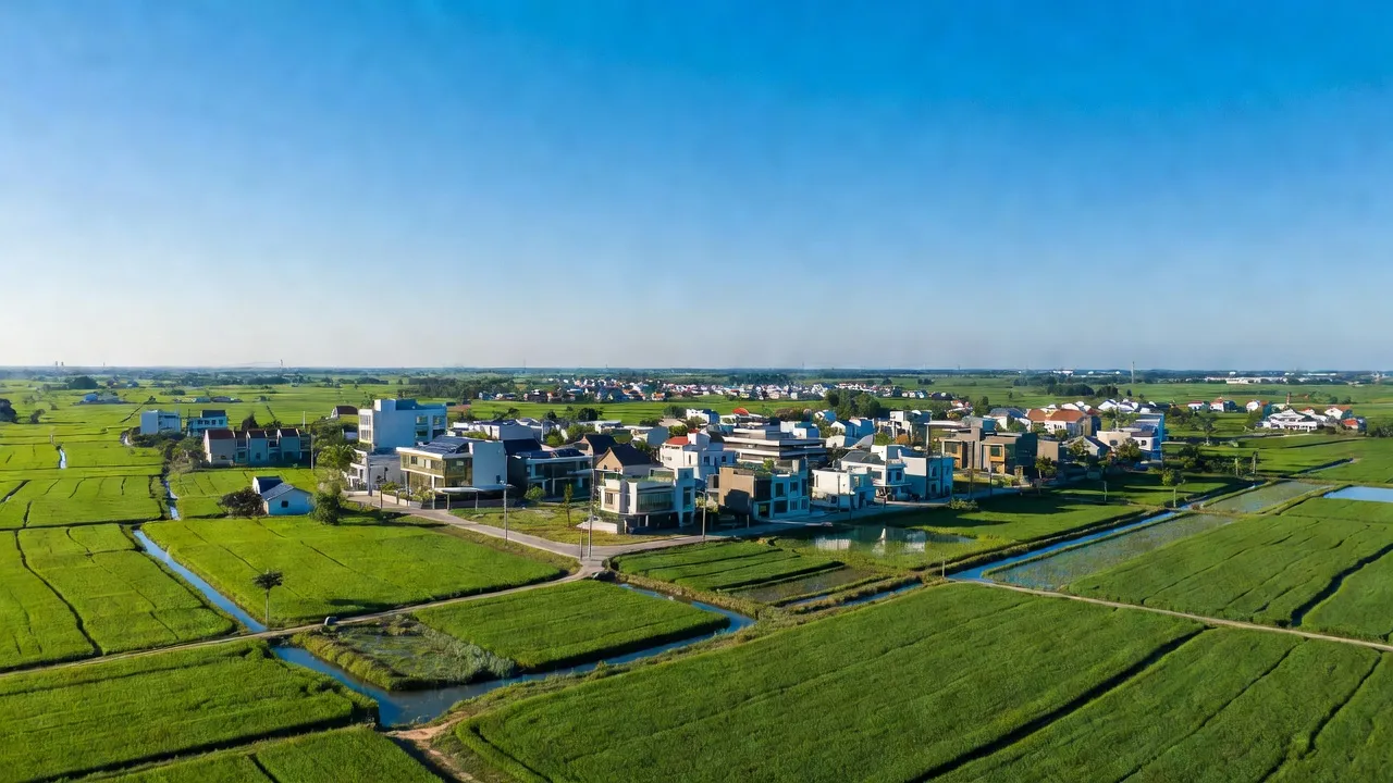 Cảnh đẹp xã Đức Lập Hạ, huyện Đức Hòa, tỉnh Long An với nhà cửa và đồng ruộng xanh tươi.