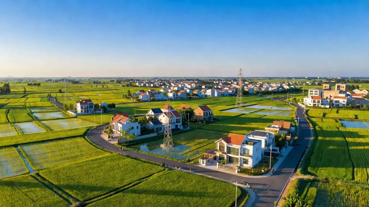 Khu vực Đức Lập Hạ, Đức Hòa, Long An, với cơ sở hạ tầng hiện đại và cảnh sắc xanh tươi.