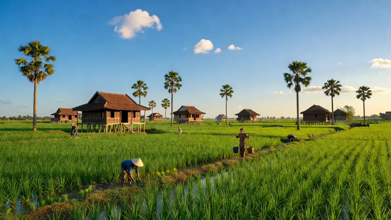 Khung cảnh Đức Lập Thượng, Long An với đồng lúa xanh tốt và nhà truyền thống.