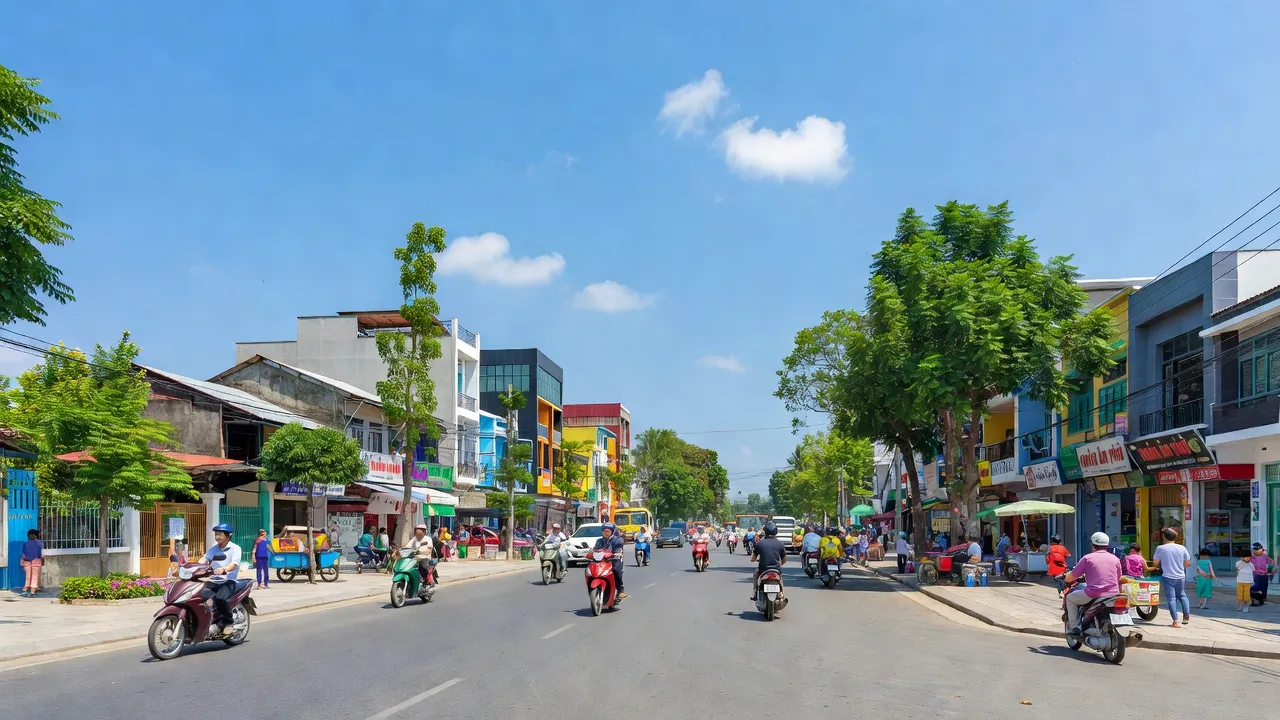 Thị trấn Hậu Nghĩa, huyện Đức Hòa, tỉnh Long An, với cảnh phố phường và không gian xanh mát.