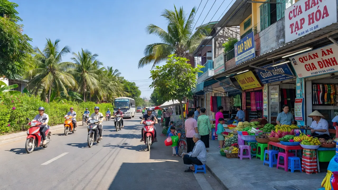 Thị trấn Hiệp Hòa, huyện Đức Hòa, Long An, nơi nhộn nhịp với nhiều cửa hàng và đời sống hàng ngày.