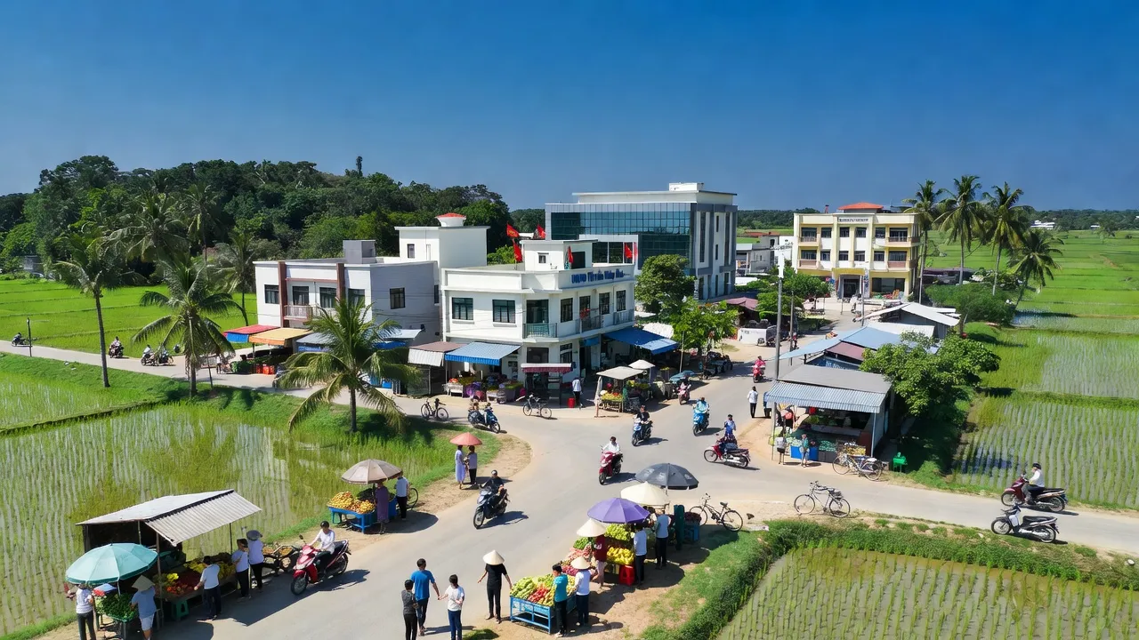 Thị trấn Hiệp Hòa, Huyện Đức Hòa, Tỉnh Long An với cảnh quan xanh và hoạt động sống động.