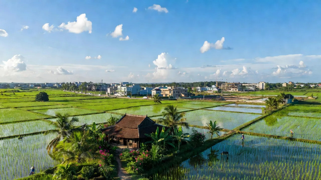 Khung cảnh nông thôn xã Hòa Khánh Đông, huyện Đức Hòa, tỉnh Long An với đồng ruộng và nhà truyền thống.