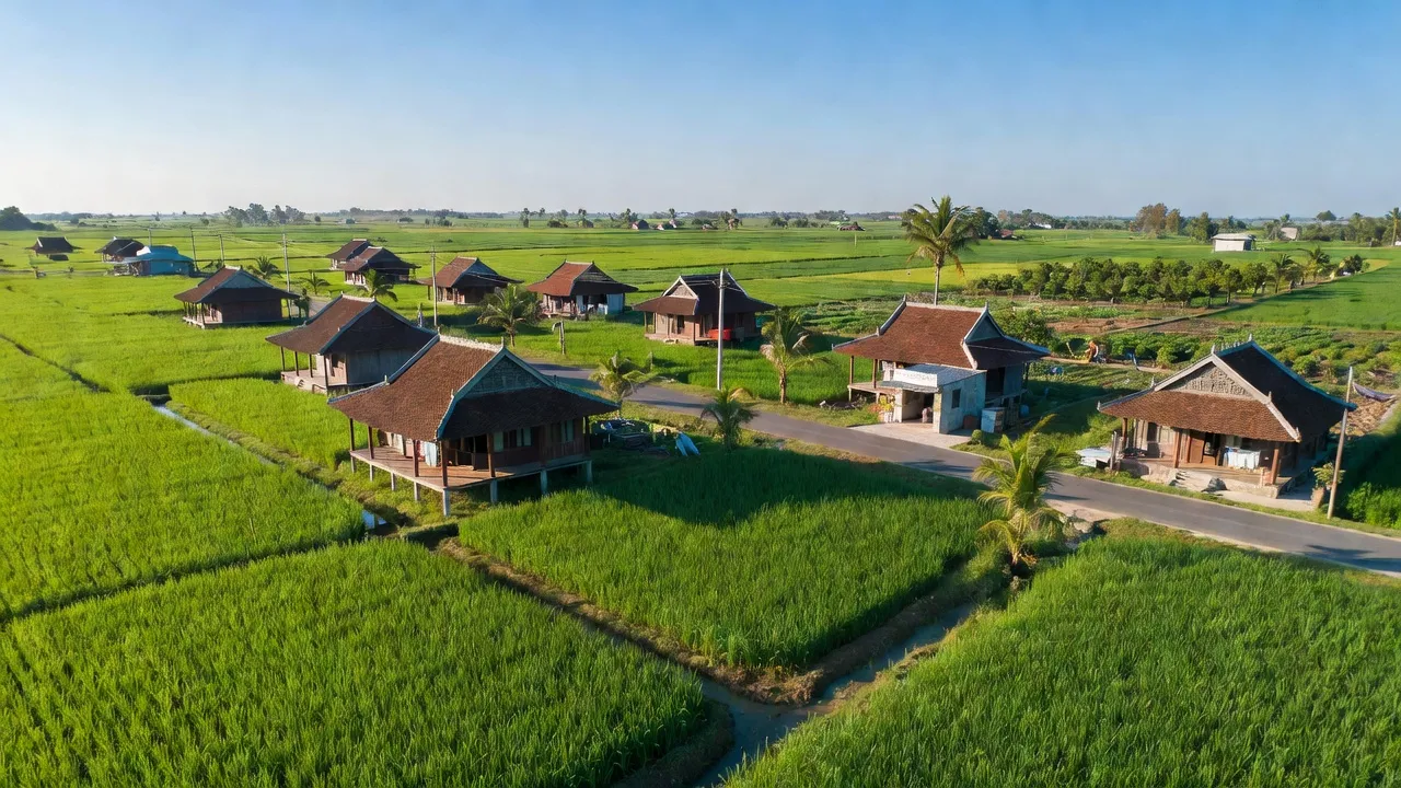 Khung cảnh Xã Hòa Khánh Đông với cánh đồng xanh và nhà truyền thống ở Đức Hòa, Long An.