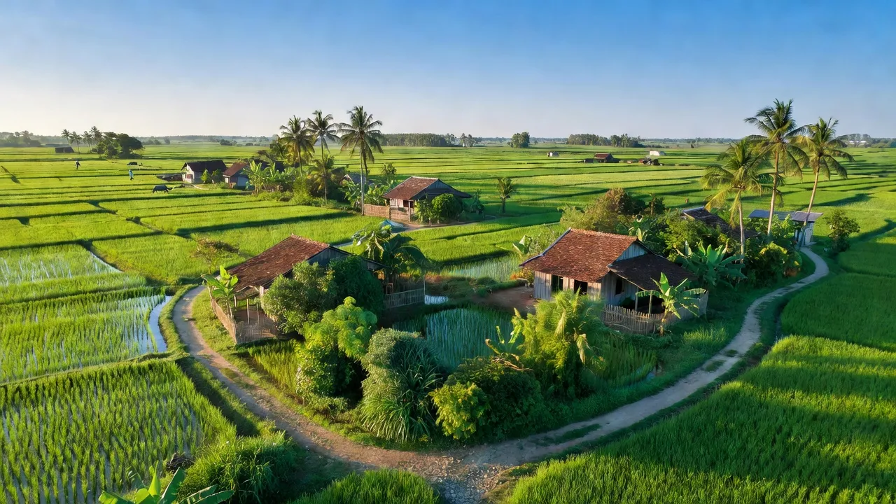 Khung cảnh đẹp huyện Đức Hòa, xã Hòa Khánh Nam, với ruộng lúa, nhà cửa và không gian yên bình.