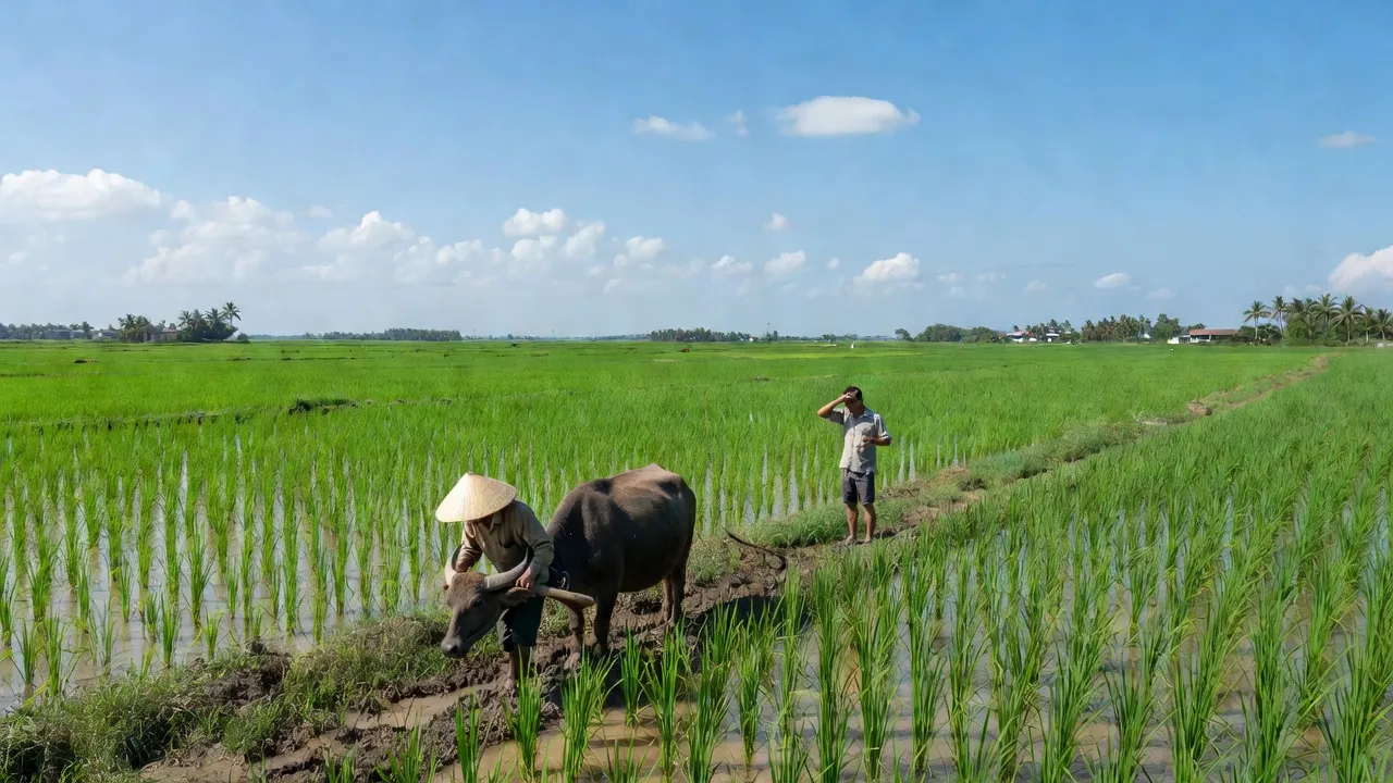 Cảnh đồng quê xã Hòa Khánh Tây, huyện Đức Hòa, Long An với ruộng xanh và bầu trời trong xanh.