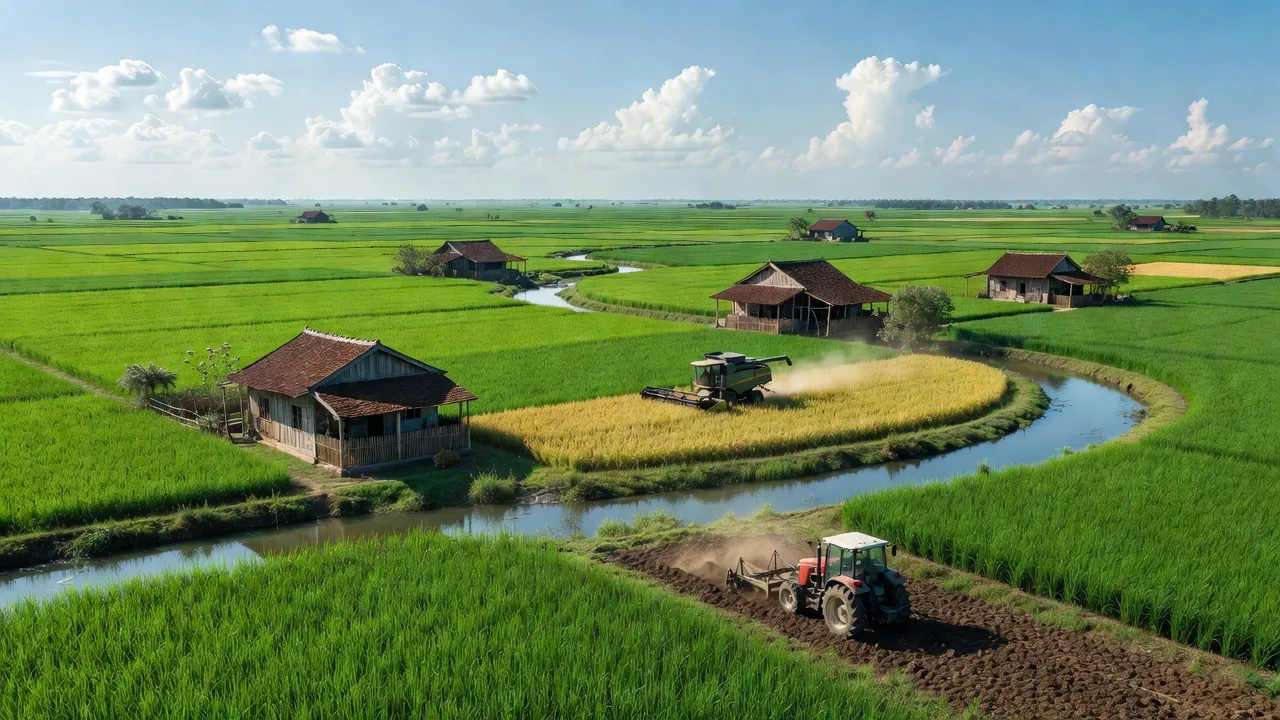 Cảnh đẹp xã Hựu Thạnh, huyện Đức Hòa, Long An, đồng bằng và cánh đồng lúa xanh tươi.