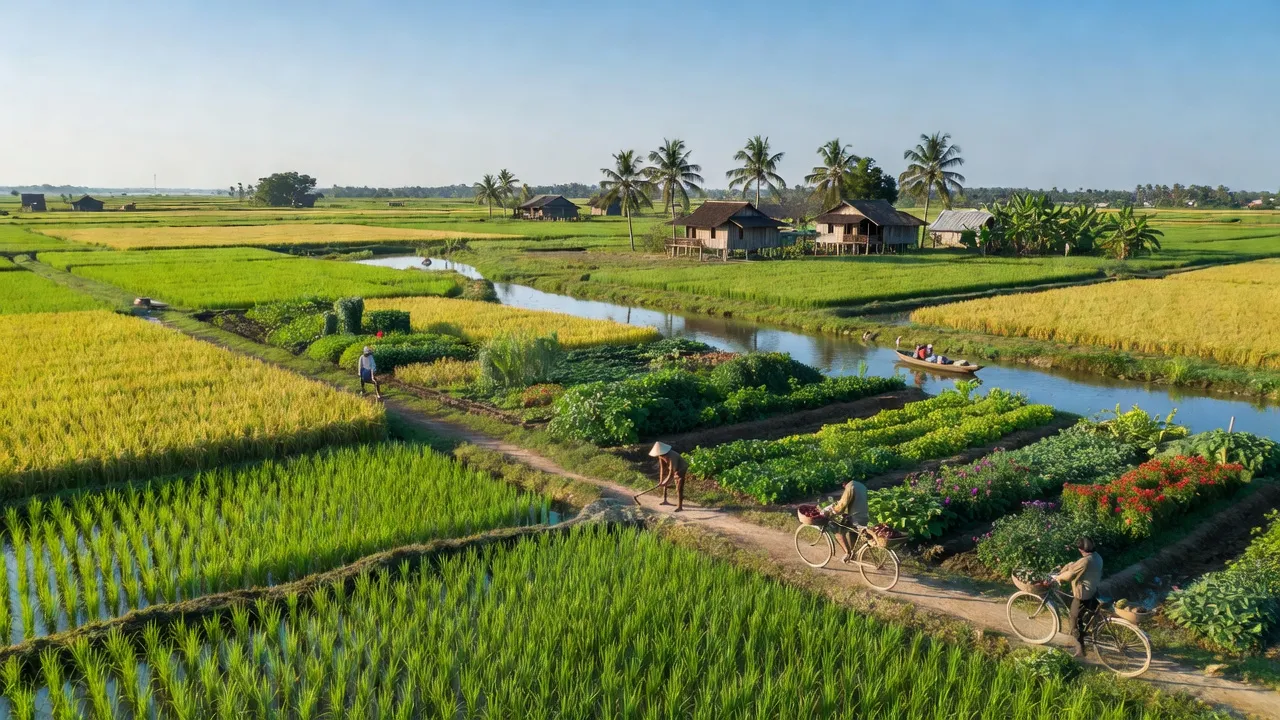 Cảnh đồng quê xã Hựu Thạnh, huyện Đức Hòa, tỉnh Long An, với cánh đồng xanh tốt và bầu trời trong xanh.