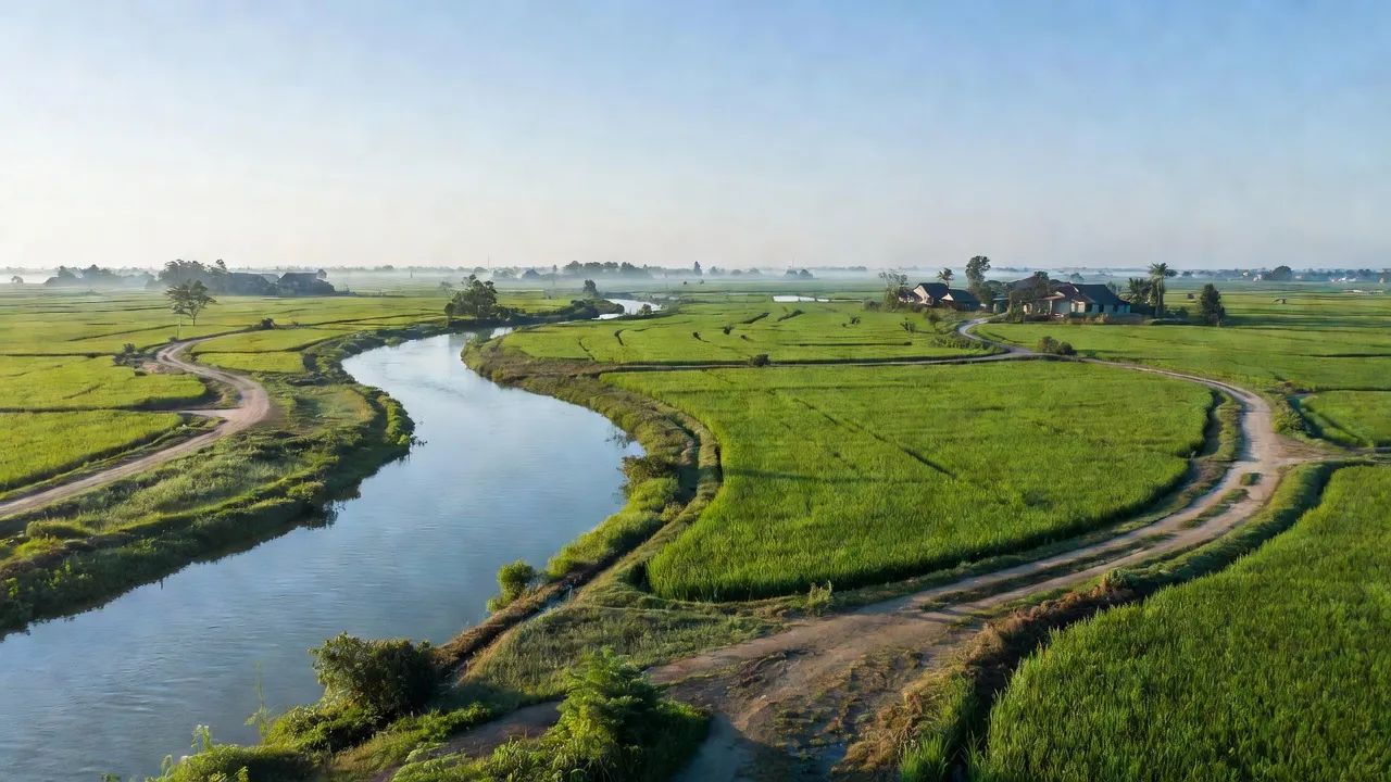 Cảnh quan xã Lộc Giang, huyện Đức Hòa, Long An với sông Vàm Cỏ Đông và cánh đồng xanh.