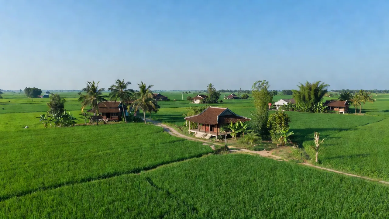 Bức tranh phong cảnh xã Mỹ Hạnh Nam, huyện Đức Hòa với cánh đồng xanh và nhà cửa truyền thống.