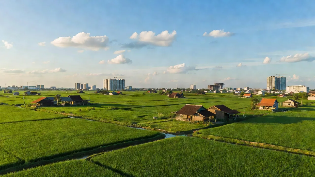 Tân Mỹ, Đức Hòa, Long An with green fields and urban development in the background, showcasing rural charm.
