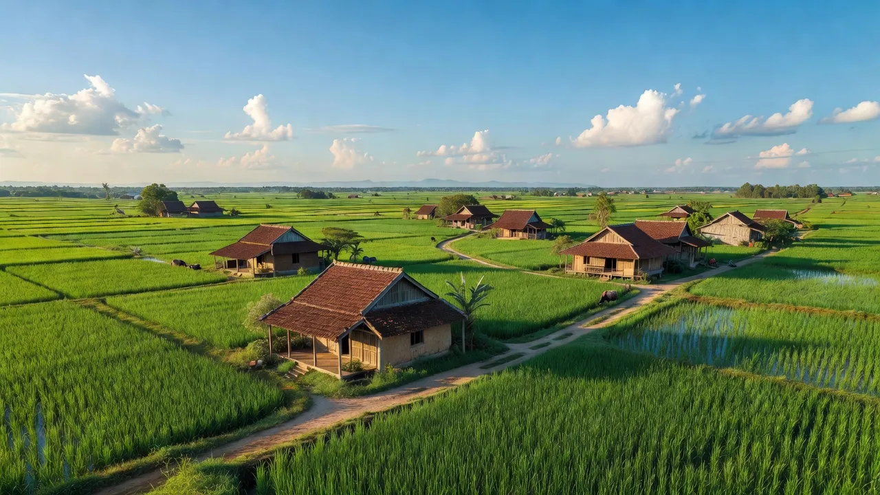 Khung cảnh huyện Đức Huệ, tỉnh Long An với cánh đồng xanh mướt và nhà truyền thống.