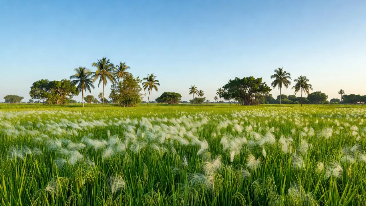 Cảnh đồng bằng xanh tươi ở xã Bình Hòa Bắc, huyện Đức Huệ, tỉnh Long An với cánh đồng lúa.
