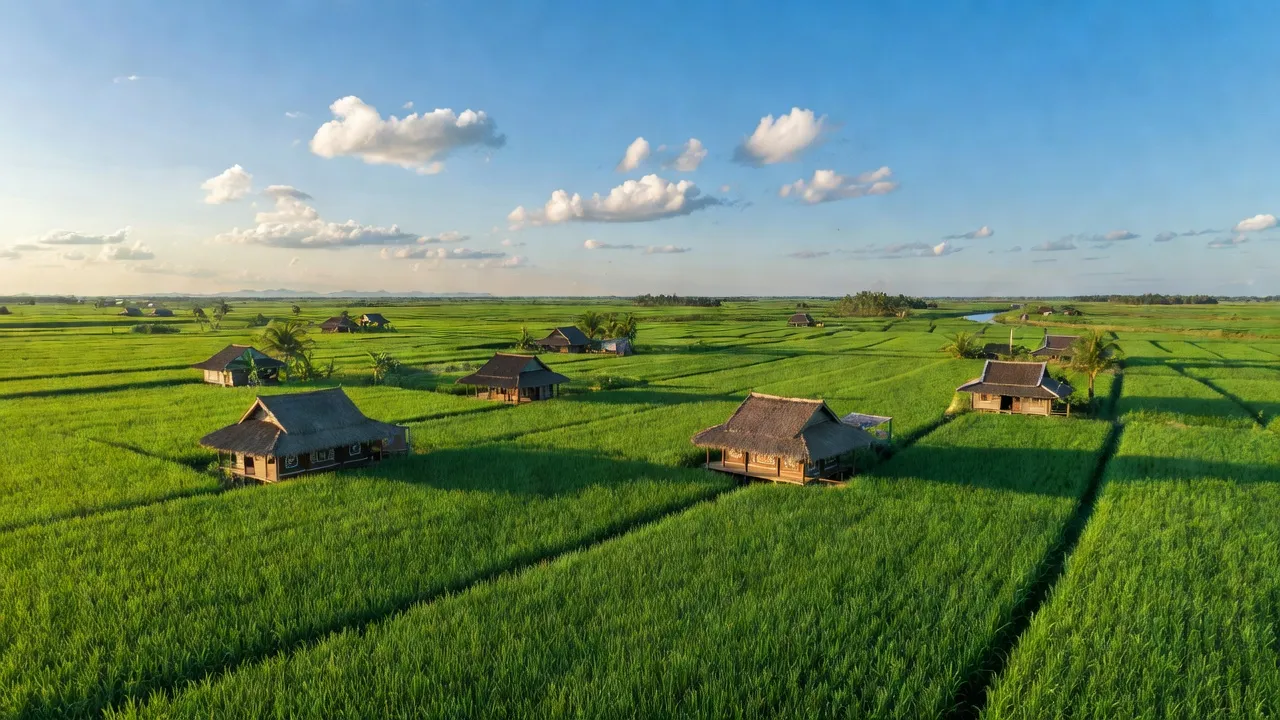 Khung cảnh Bình Hòa Hưng, Đức Huệ, Long An với đồng lúa xanh và nhà truyền thống.