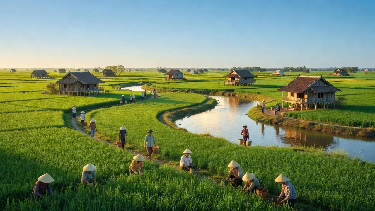 Cảnh đồng quê xã Bình Hòa Nam, huyện Đức Huệ, tỉnh Long An, với nông nghiệp và bầu trời trong xanh.