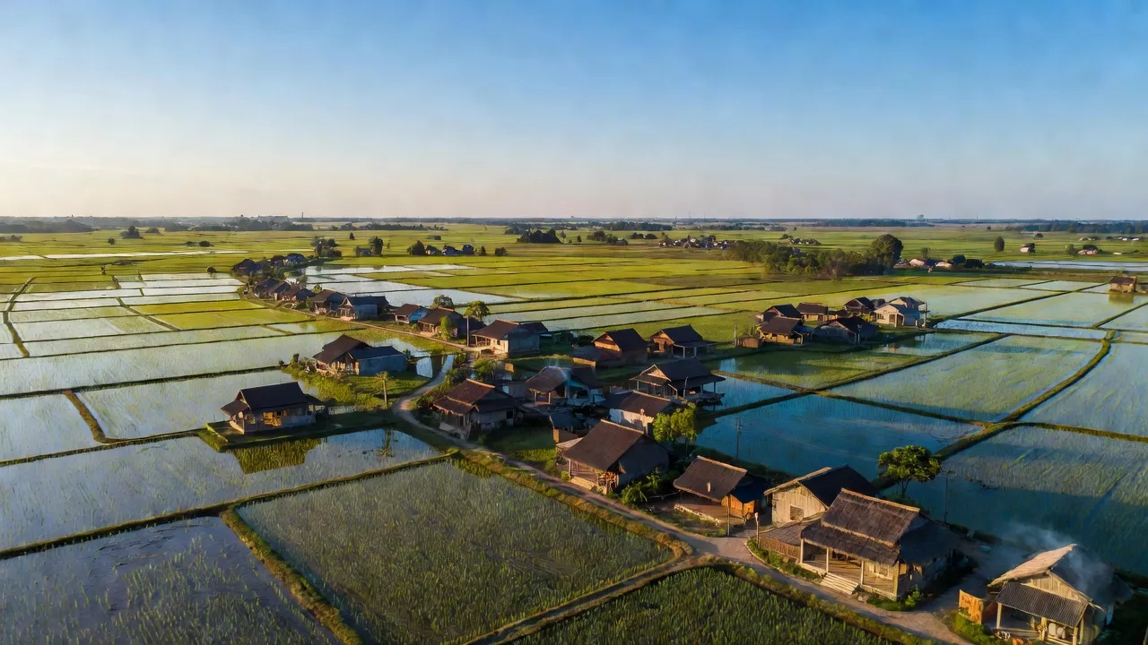Bình Thành village in Đức Huệ, Long An, featuring rice fields and traditional landscape.