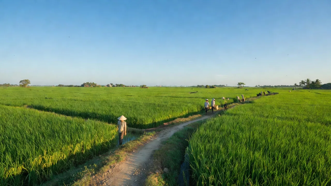 Cảnh quan thị trấn Đông Thành, huyện Đức Huệ, Long An, với cánh đồng xanh và bầu trời trong sáng.