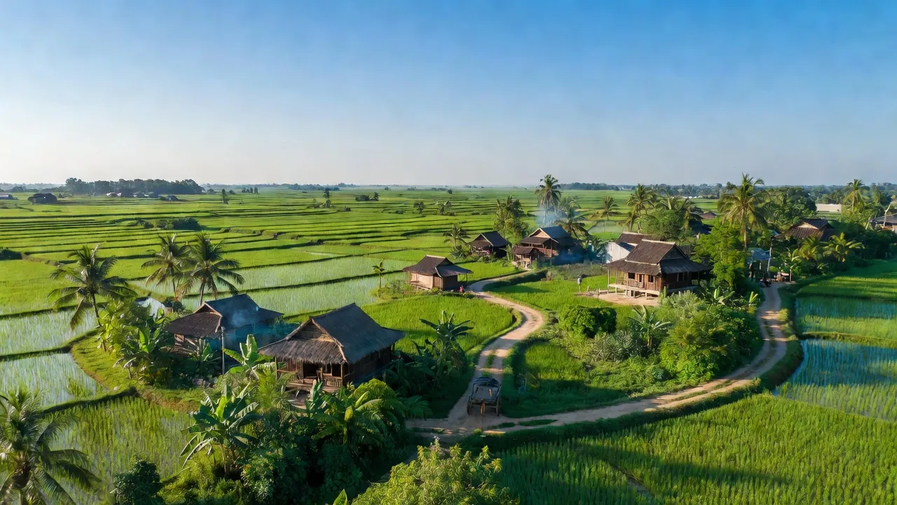 Khung cảnh yên bình tại xã Mỹ Bình, huyện Đức Huệ, tỉnh Long An với cánh đồng xanh và nhà truyền thống.