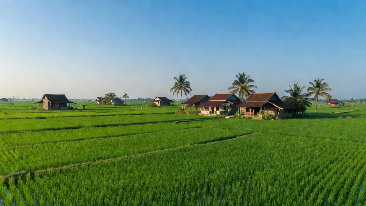 Mỹ Bình, Đức Huệ, Long An: picturesque rice fields and traditional houses under blue sky.