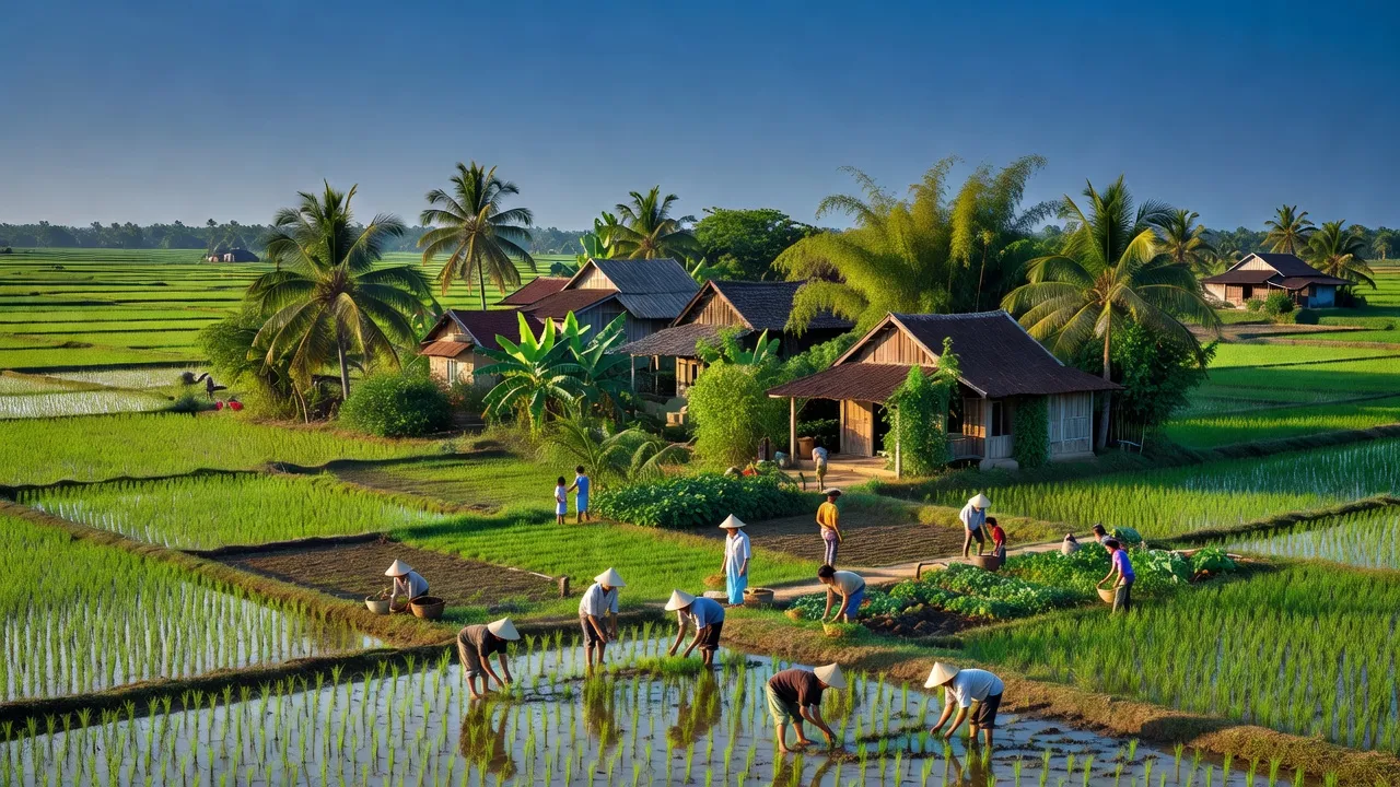 Cảnh quan Mỹ Quý Đông, Đức Huệ, Long An với hoạt động nông nghiệp và thiên nhiên xanh tươi.