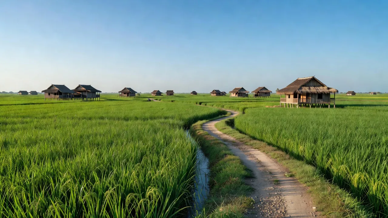Khung cảnh yên bình tại xã Mỹ Quý Tây, huyện Đức Huệ, tỉnh Long An với cánh đồng xanh tươi.