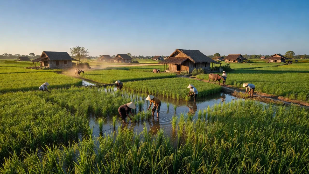 Cảnh đồng xanh và nhà truyền thống ở xã Mỹ Thạnh Bắc, huyện Đức Huệ, Long An. Rice fields and traditional houses.