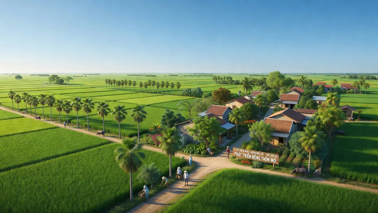 Cảnh quan xã Mỹ Thạnh Đông, Đức Huệ, Long An với cánh đồng và bầu trời xanh trong trẻo.