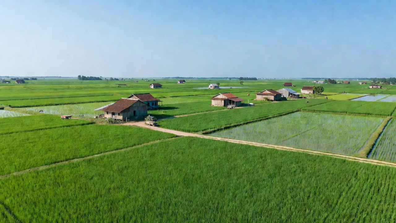 Cảnh đẹp thị xã Kiến Tường, tỉnh Long An với ruộng đồng xanh mướt và nhà cửa bình yên.
