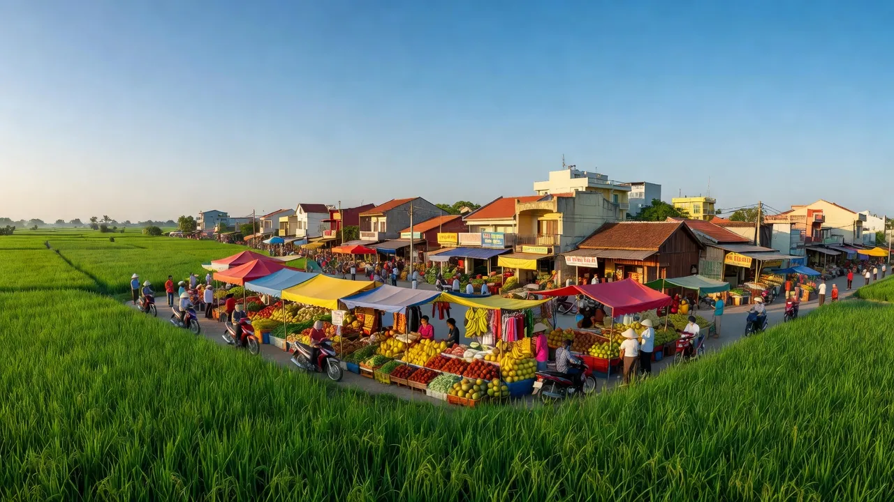 Thị xã Kiến Tường, Long An with green fields, markets, and community activities under blue skies.