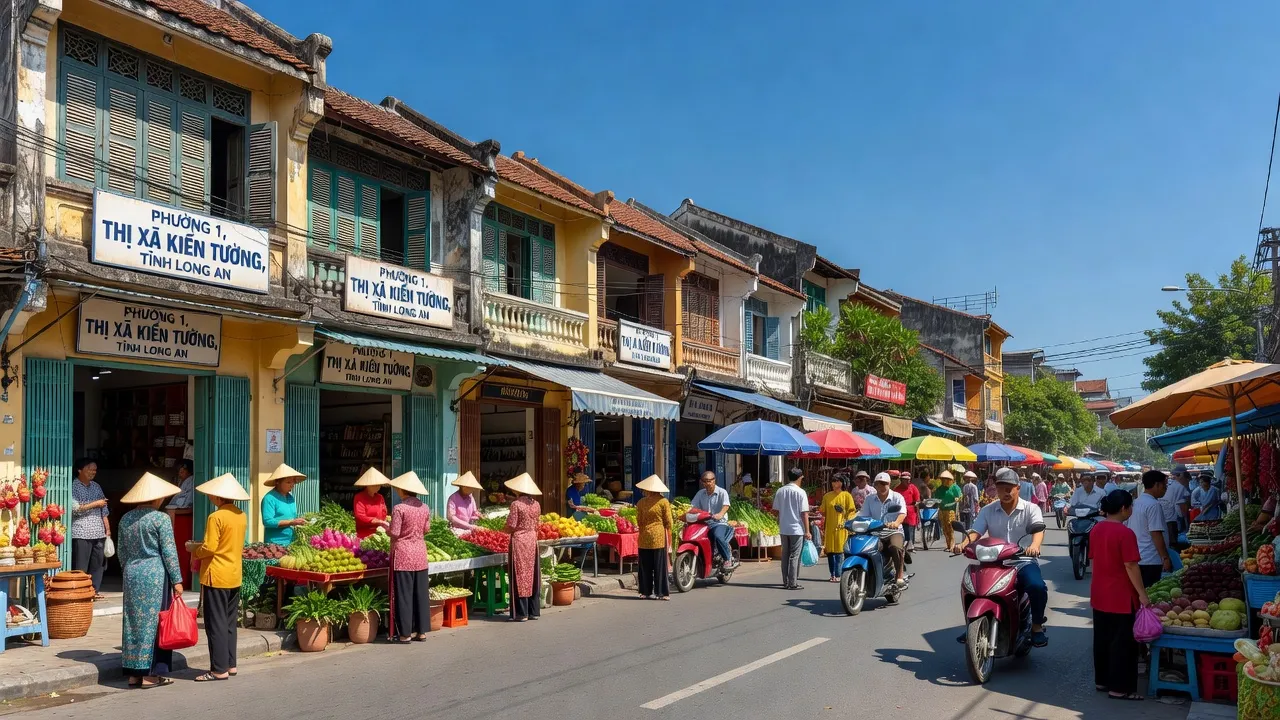 Khung cảnh Phường 1, Kiến Tường, Long An với chợ truyền thống và bầu trời xanh.