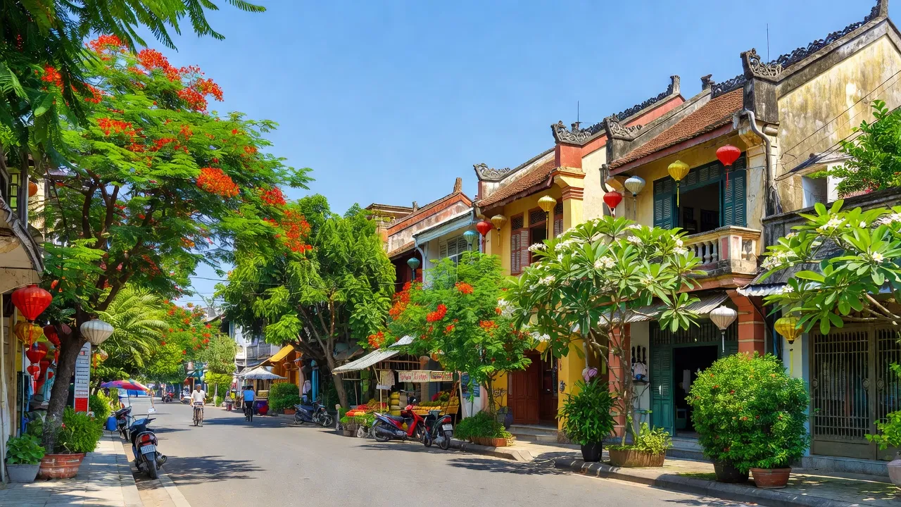 Phường 1, Kiến Tường, Long An, urban landscape with traditional architecture and clear skies.