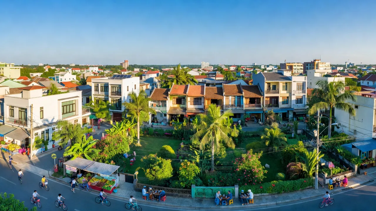 Khung cảnh Phường 2, Thị xã Kiến Tường, Long An với khu dân cư và không gian xanh.