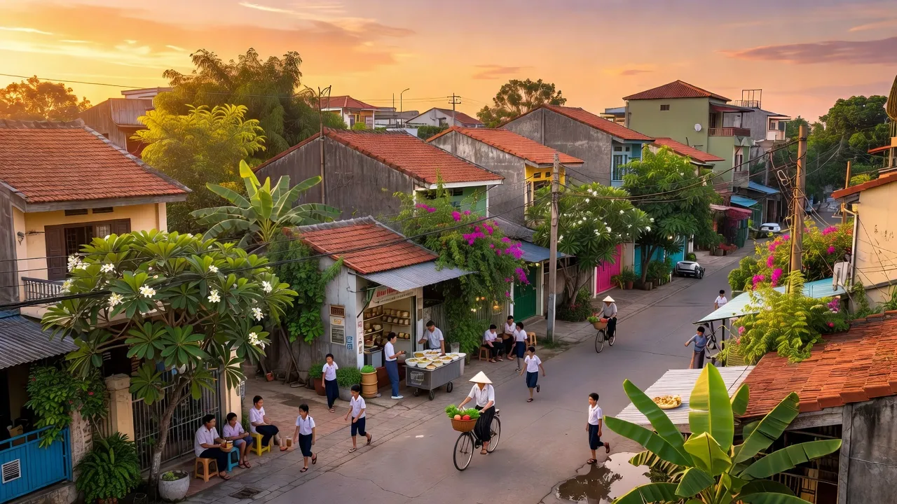 Khung cảnh thơ mộng về Phường 3, Kiến Tường, Long An với kiến trúc và sự sống cộng đồng.