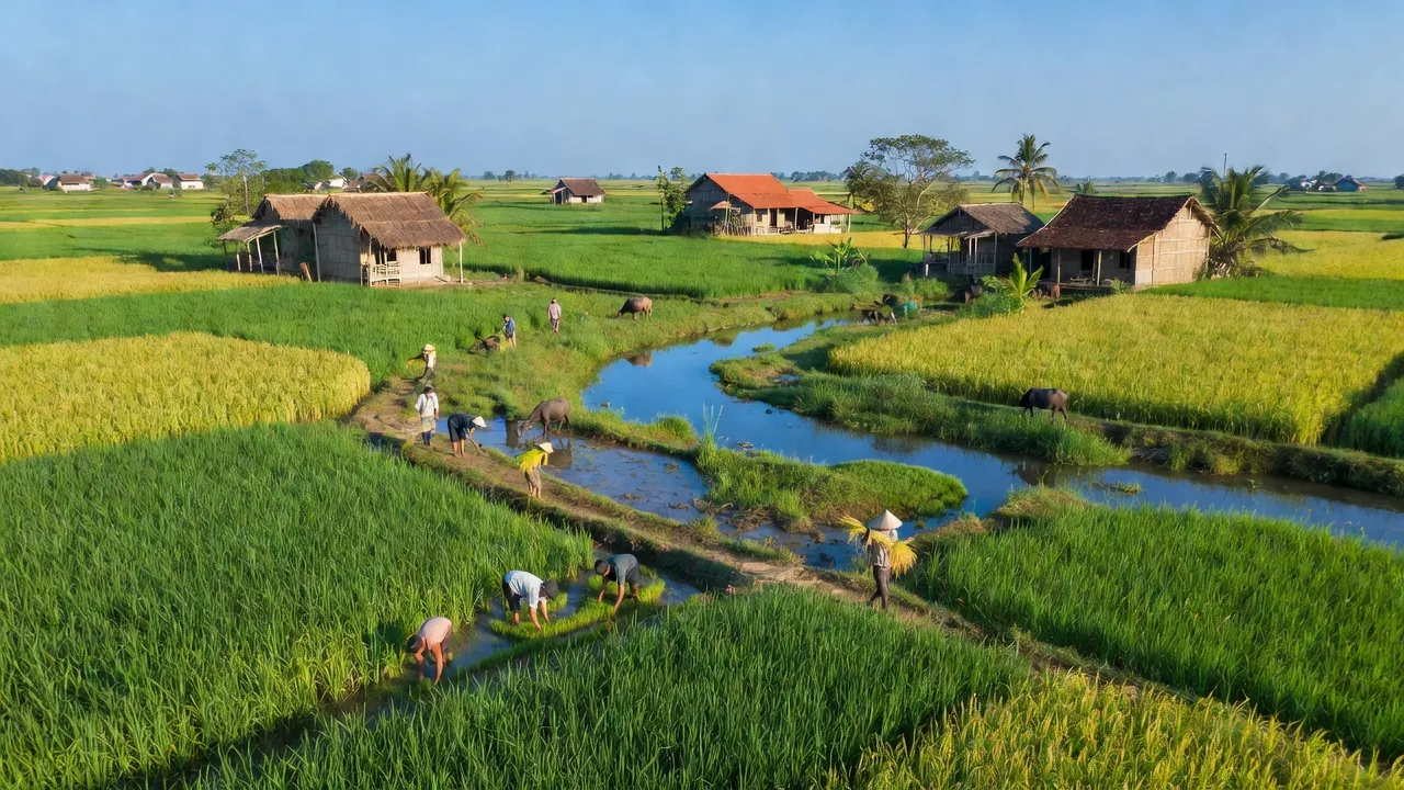 Cảnh đẹp xã Bình Hiệp, Thị xã Kiến Tường, tỉnh Long An với ruộng lúa và nhà truyền thống.