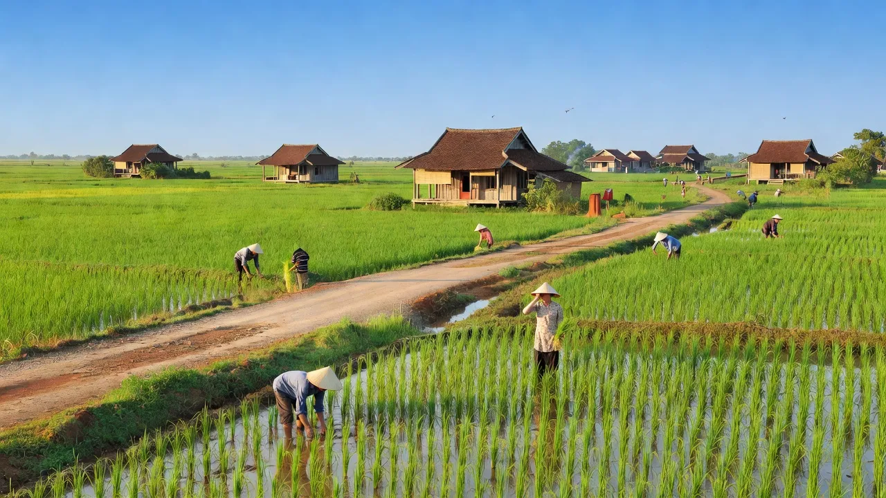 Cảnh đẹp Xã Thạnh Hưng, thị xã Kiến Tường, Long An với ruộng lúa xanh và nhà truyền thống.