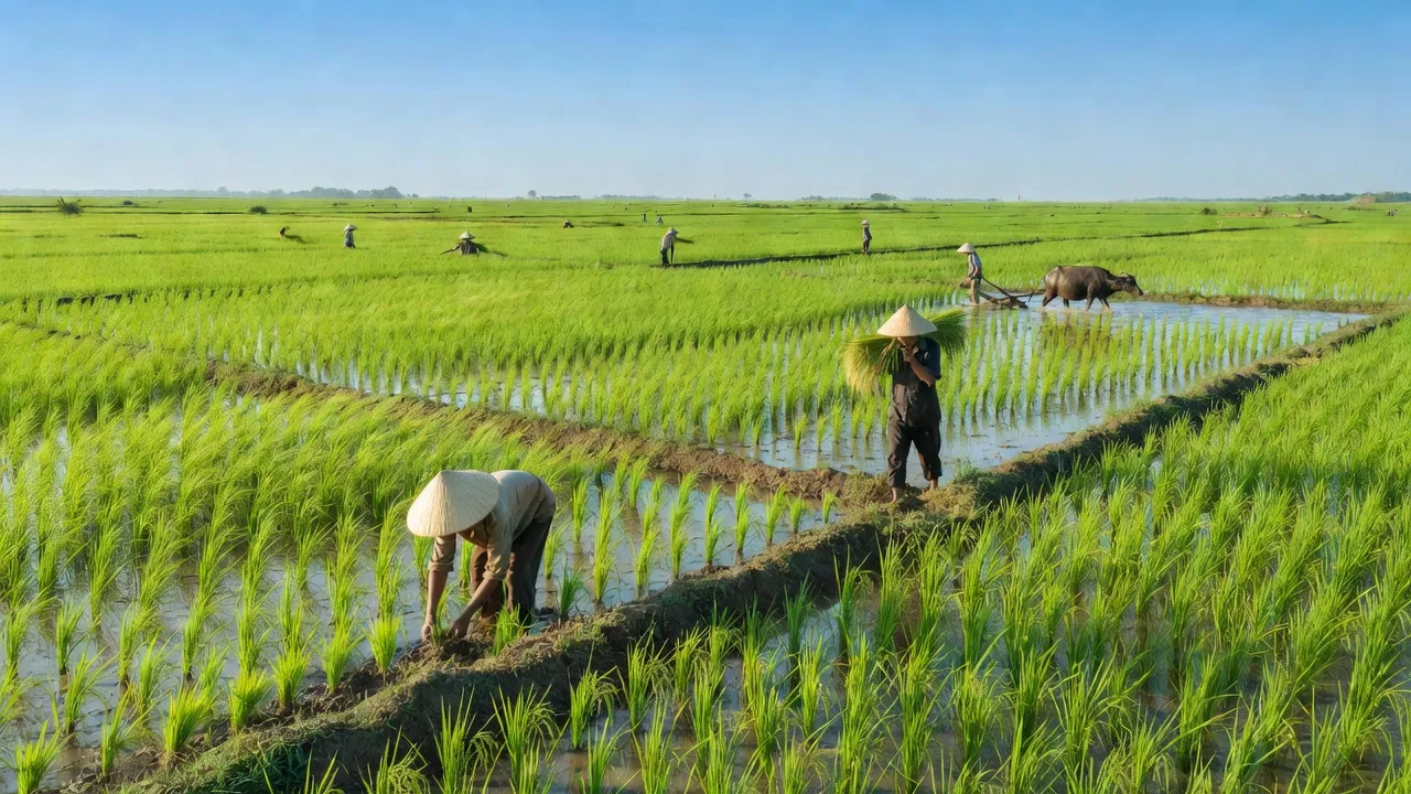Khung cảnh yên bình tại xã Thạnh Hưng, thị xã Kiến Tường, tỉnh Long An với ruộng lúa xanh tươi.