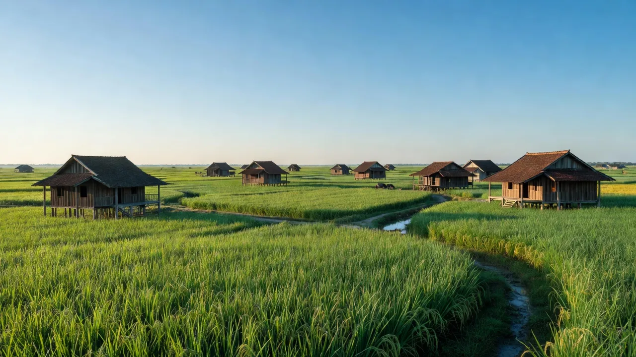 Cảnh đồng xanh huyện Mộc Hóa, tỉnh Long An, với nhà truyền thống và bầu trời trong xanh.